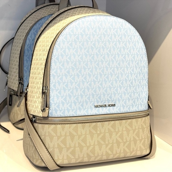 Michael Kors Rhea Medium Color-Block Signature Logo Backpack Light Sky Multi - Picture 3 of 9
